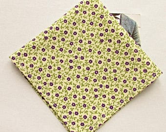 Pañuelo de bolsillo de algodón con estampado floral morado, accesorio para novio hecho a mano