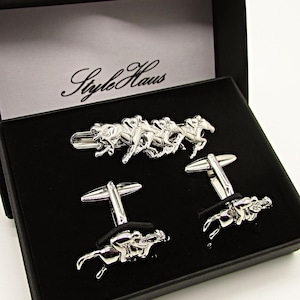 Horse Racing Cufflinks, Horse Racing Tie Clip, Jockey and Horse Cufflinks, Gift for men, Equestrian Cufflinks, Jockey Tie Clip