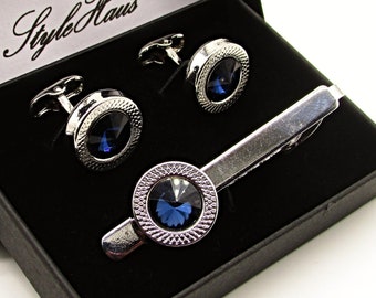 Sapphire Blue Crystal Cufflinks, Sapphire Blue Tie Clip, Men&#39;s Cufflinks, Gift for men, Cufflinks Tie Clip Set