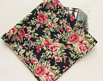 Handmade Navy Blue Floral Pocket Square: Cotton Rose Print