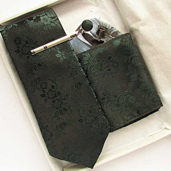 Conjunto de corbata floral verde oscuro: corbata de boda, pañuelo de bolsillo y gemelos