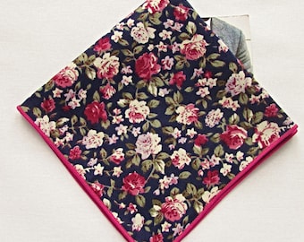 Handmade Navy Floral Cotton Pocket Square
