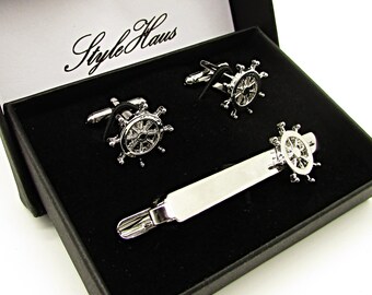 船の舵のカフスボタンとネクタイピンのセット: - Etsy 日本