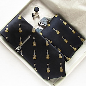 Guitar tie, Navy guitar print tie, Guitar pocket square, Wedding tie, Guitar print tie, Guitar tie clip, Music gift tie