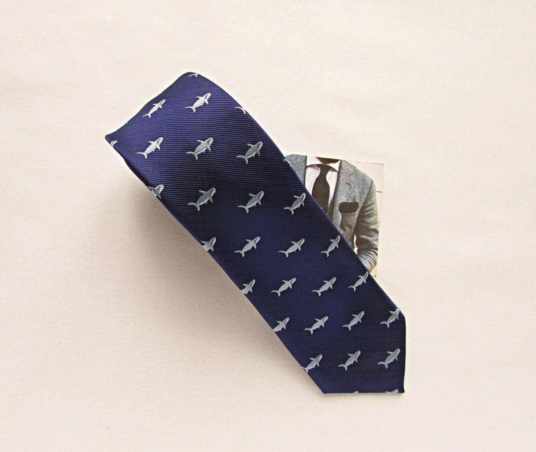Blue Shark Fish Tie, Blue Fish Tie, Wedding Tie, Shark Print Tie, Groom ...
