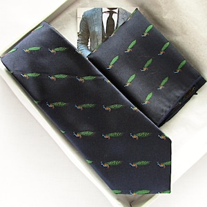 Navy Peacock tie, Peacock Pocket square, Navy blue Animal print tie, Wedding tie, Peacock tie, Grooms tie