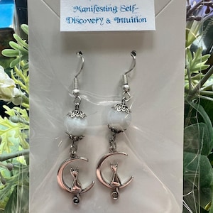 Moonstone Crystal Gemstone Earrings with Cat and Loon Charm // Moonstone Earrings // Moonstone Crystal Gifts // Cat Earrings