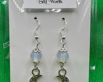 Opalite Crystal Moon Earrings, Sterling Silver Hooks, Personal Power Stone