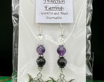 Sterling Silver Amethyst Black Tourmaline Pentagram Earrings, Protection Jewelry