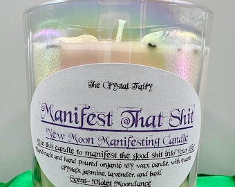 Handmade Organic Soy Wax Manifesting Candle, New Moon Crystals, Jasmine, Lavender, Basil