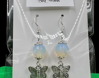 Opalite Butterfly Earrings, Sterling Silver Hooks, Gemstone Beads