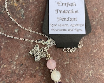 Empath Protection Crystal Pendant: Rose Quartz, Moonstone, Amethyst, Lava