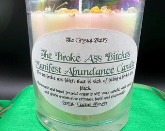 Handmade Soy Wax Abundance Candle, Citrine, Aventurine, Basil, Chamomile, Cactus Flower Scent