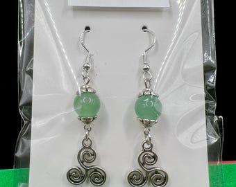 Handmade Triskelion Celtic Earrings, Sterling Silver Hooks, Gemstone Beads