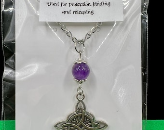 Witch Knot Necklace with Amethyst Crystal, Celtic Protection Pendant