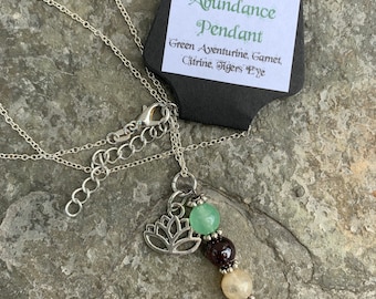 Abundance Crystal Pendant Necklace: Lotus, Aventurine, Citrine, Garnet, Tigers Eye