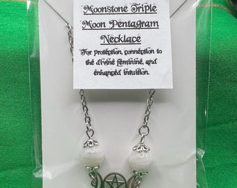 Moonstone Triple Moon Pentagram Necklace