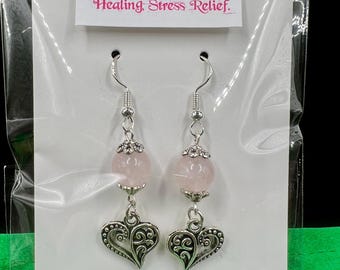 Rose Quartz Heart Charm Earrings, Sterling Silver, Love Crystal Jewelry