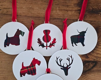 Handmade Tartan Christmas Decoration: Oak Veneer Scottie Dog, Stag, Cow