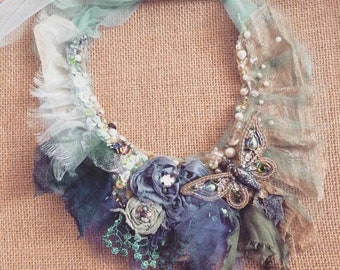 Fairy Style Necklace Butterfly Necklace Greenish Blue Necklace Mix Media Necklace Statement Necklace by Zollection