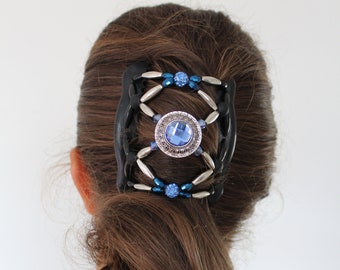 Blue Crystal Hair Comb Clip - Handmade Beaded Updo Accessory