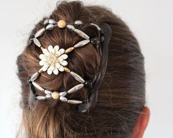 Flower Beaded Elastic Hair Comb, Updo Hair Clip