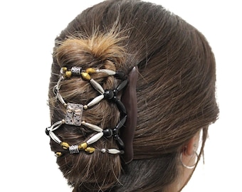 FANCY COMBS Gold Silver Hair Jewelry Classy Bun Maker, Beaded Stretchy Hair Accessory - Thick, Thin, Fine or Long, Shorter Hair, Secure Hold