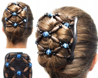 Wooden Hair Bun Maker, Pony Tail, Hair Clip, Hair for Everyday, Double Comb with Wooden Beads Holds Any Type of Hair