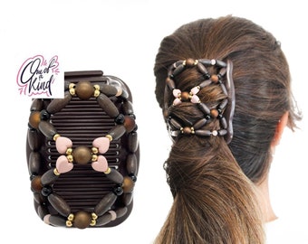 One of A Kind Fancy Combs Pink and Brown Hair Accessory for Women, Decorative Jewelry For Girls, Keeps Hair Secure All day, Stocking Stuffer