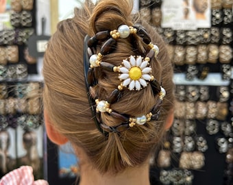 Daisy Floral Hair Accessory for Thick Hair – Christmas Gift for Women – Strong Hold Double Stretch Comb