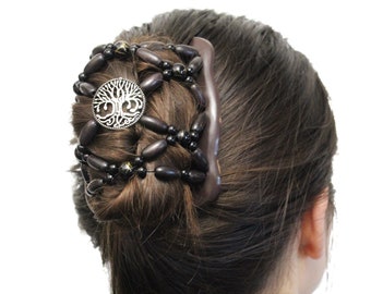 Tree of Life Hair Comb, Silver Hair Clip, Wooden Bead Stretchy Bun Maker