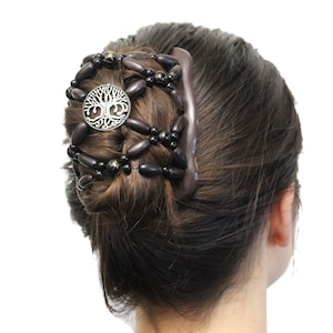 Tree of Life Hair Comb, Silver Hair Clip, Wooden Bead Stretchy Bun Maker