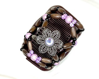 Purple Flower Hair Accessories, Natural Wooden Stretchy Double Combs, Holds Hair All Day, Best replacement for Claw Clips