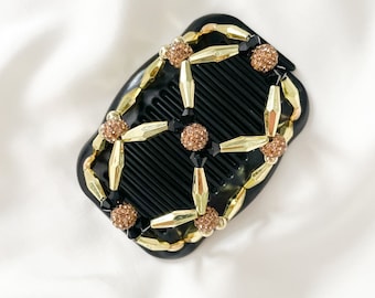 Gold Beaded Double Hair Comb, Handmade Elastic Bun Holder