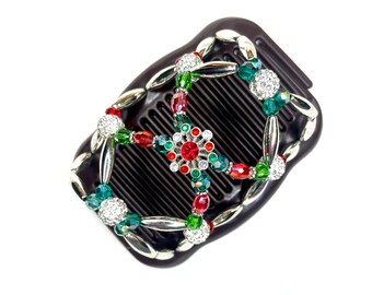Christmas Beaded Hair Comb Clip, Red Green Holiday Accessory