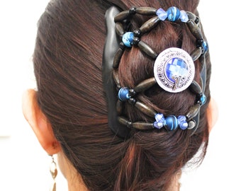 Beaded Hair Clip Comb, Wooden Beads, Blue Stone, Holds Thick Hair