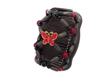 Red Butterfly Wooden Hair Comb, Beaded Updo Clip