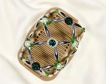 Emerald Swarovski Crystal Hair Comb, Stretchy Bun Holder