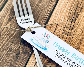Happy birthday gift, birthday fun 2026. Stainless steel engraved fork, birthday present, with tag, gift fork for dessert