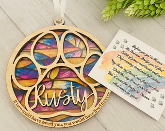 Rainbow bridge pet, sun catcher, suncatcher pet memorial, personalized name, dog / cat/  pet remembrance, paw with saying and name