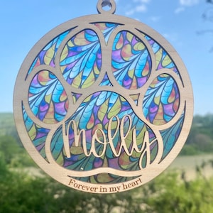 Rainbow bridge pet, sun catcher, suncatcher pet memorial, personalized name, dog / cat/  pet remembrance, paw with saying and name