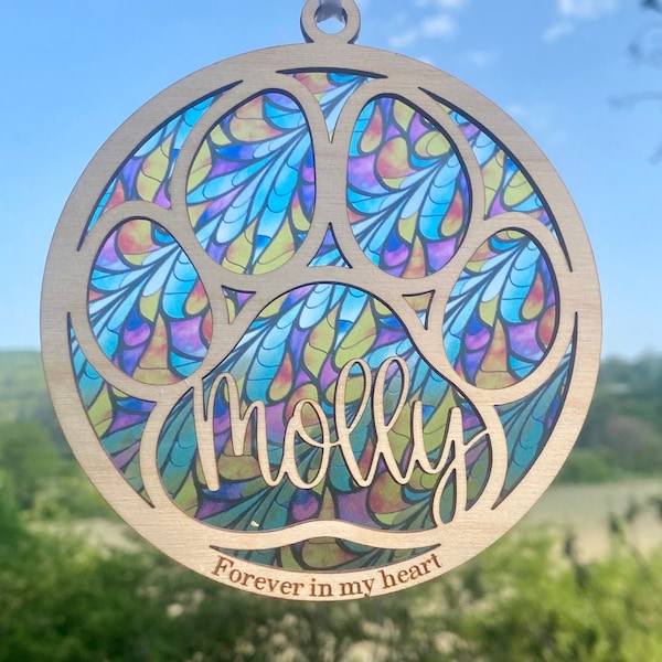 Rainbow bridge pet, sun catcher, suncatcher pet memorial, personalized name, dog / cat/  pet remembrance, paw with saying and name