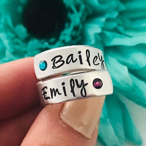 Personalized Wrap ring  with birthstones - personalized ring  - mothers ring - hand stamped ring - very sturdy ring - great gift - childrens