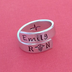 RN Ring RN / Nurses / Nursing Student / Nurse gift  - hand stamped ring - very sturdy ring - great gift - fun piece of jewelry- ekg symbol