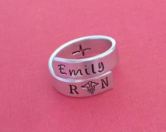 RN Ring RN / Nurses / Nursing Student / Nurse gift  - hand stamped ring - very sturdy ring - great gift - fun piece of jewelry- ekg symbol
