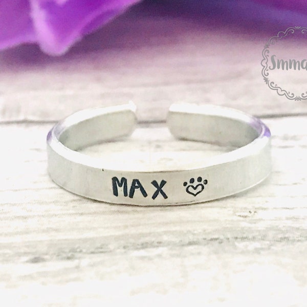 Pet ring, with pet name, paw print, thin cuff ring, stamped ring - very sturdy ring - great gift -jewelry - animal keepsake