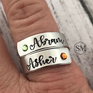 Birthstone ring with names hand stamped   - personalized ring  - mothers ring - hand stamped ring - very sturdy ring - great gift - child