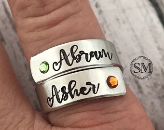Birthstone ring with names hand stamped   - personalized ring  - mothers ring - hand stamped ring - very sturdy ring - great gift - child