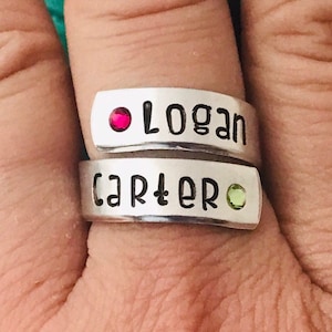 Custom Wrap ring  with names and birthstones - personalized ring  - mothers ring - hand stamped ring - very sturdy ring - great gift - child