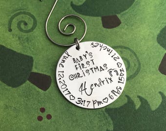 Christmas ornament Personalized Baby&#39;s First Christmas Ornament - Hand stamped ornament  - Christmas gift - tree- new baby